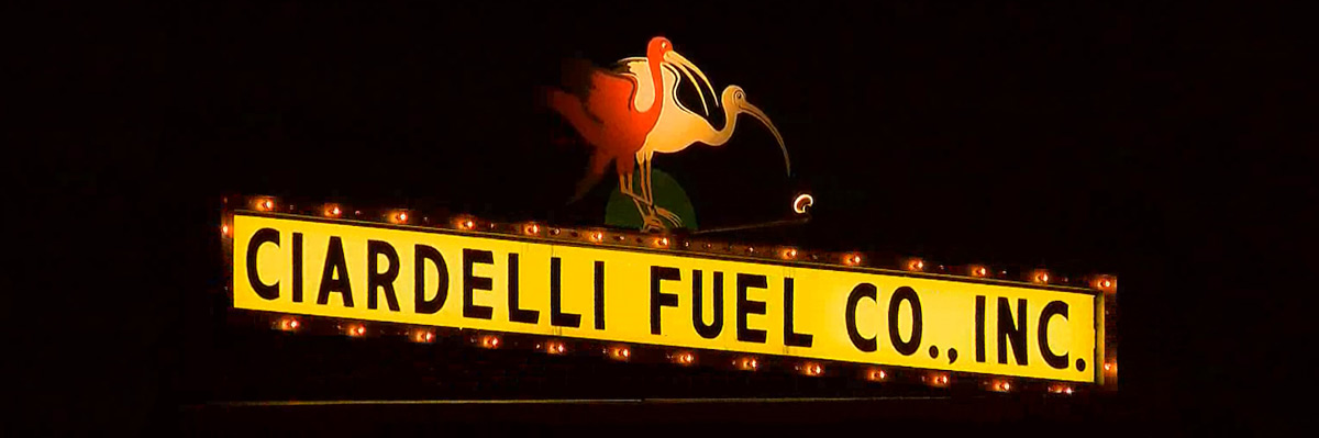 Landmark Ciardelli Fuel lighted sign in the center of Milford, NH
